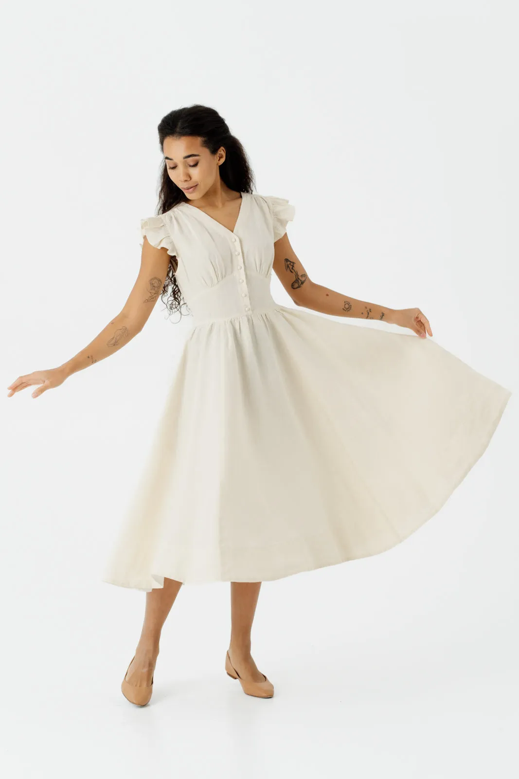 Diane Dress, Ruffle Sleeve, Hemp, Milky White