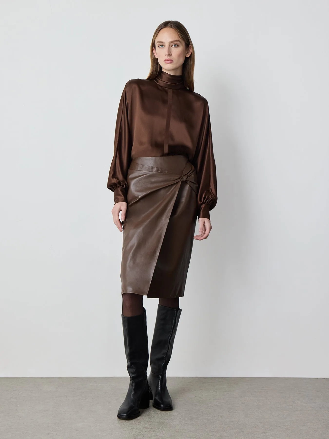 Draped Leather Skirt in Chocolate Brown