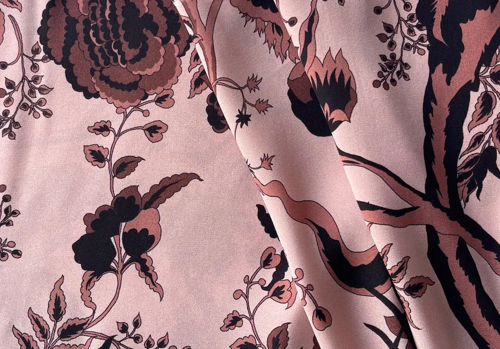 Floral Cedar Wood & Dogwood Pink Matte Silk Satin Charmeuse (Made in Italy)