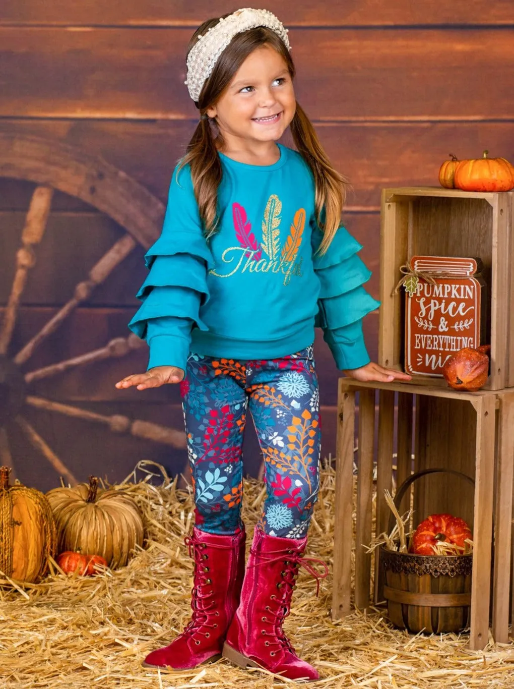 Girls "Thankful" Feather Print Ruffled Sweatshirt And Floral Legging Set