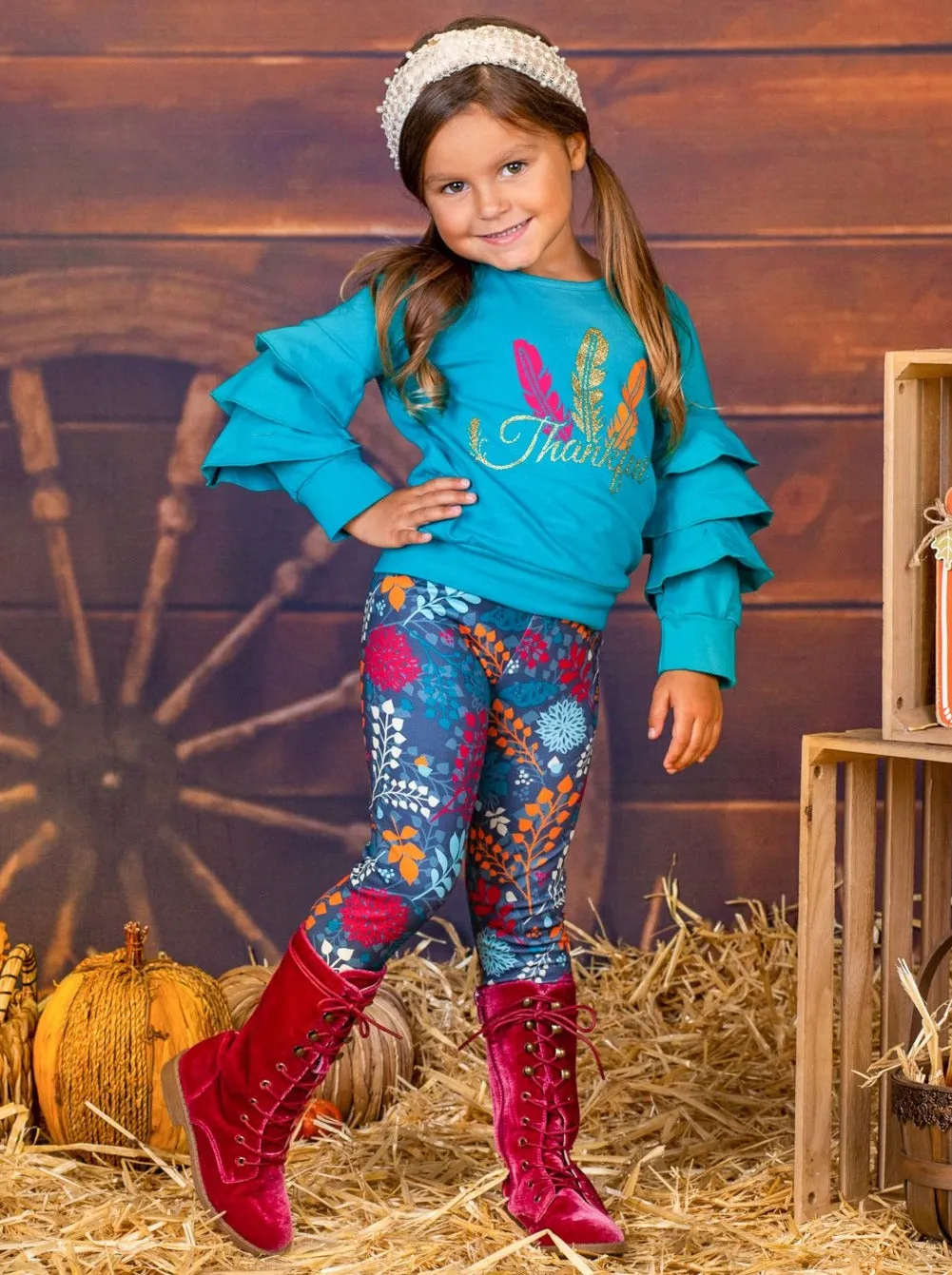 Girls "Thankful" Feather Print Ruffled Sweatshirt And Floral Legging Set