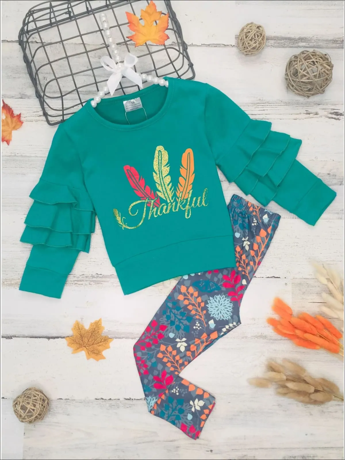 Girls "Thankful" Feather Print Ruffled Sweatshirt And Floral Legging Set