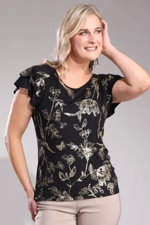 Gold foil print Top with cap sleeve | BLACK/GOLD | 4533A1