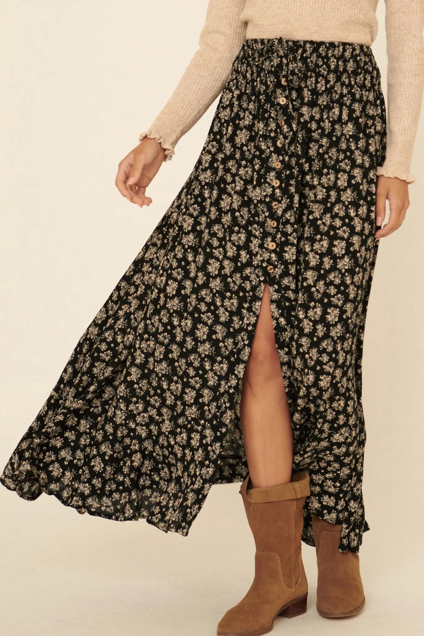 Harvest Blooms Floral Button-Front Maxi Skirt