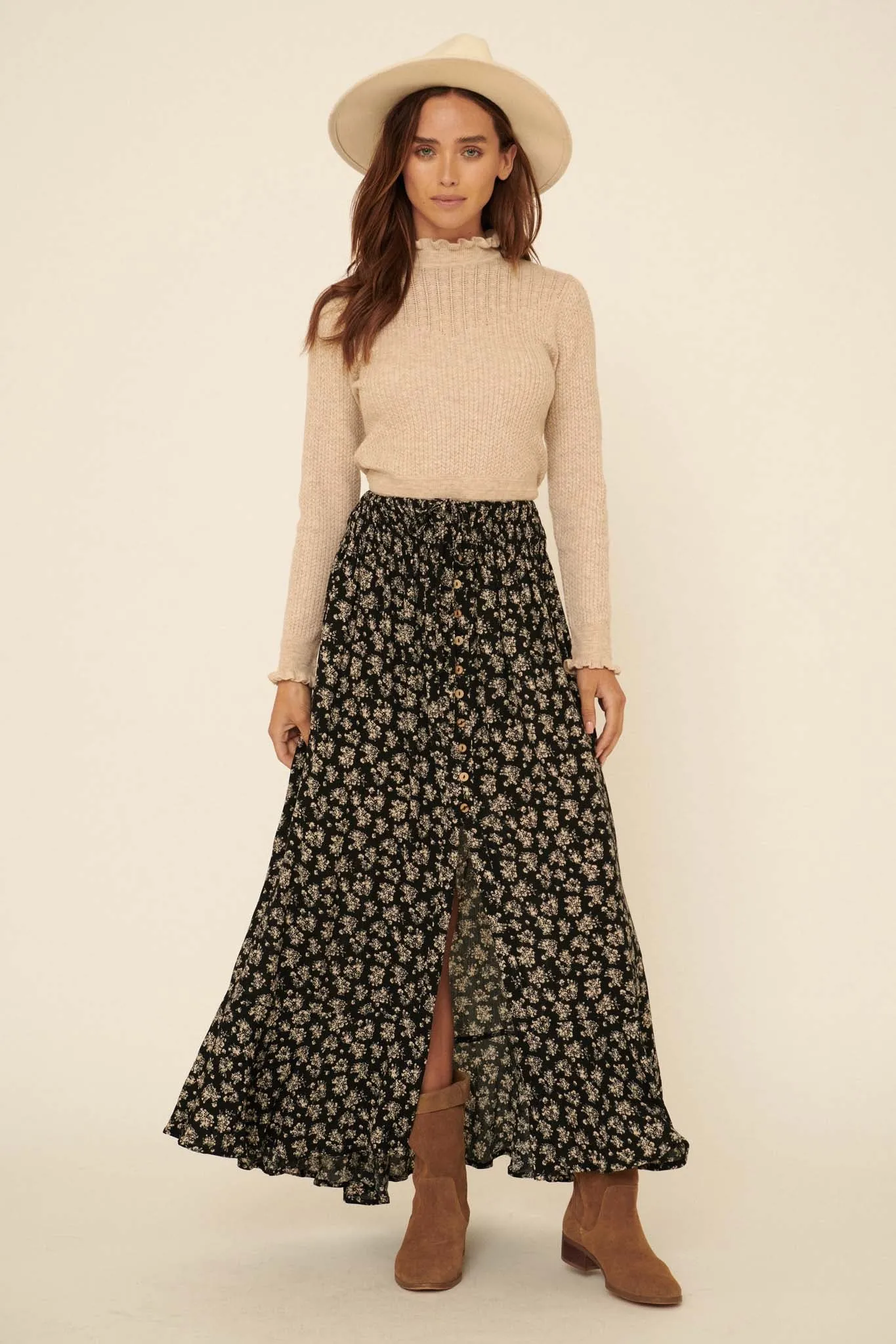 Harvest Blooms Floral Button-Front Maxi Skirt