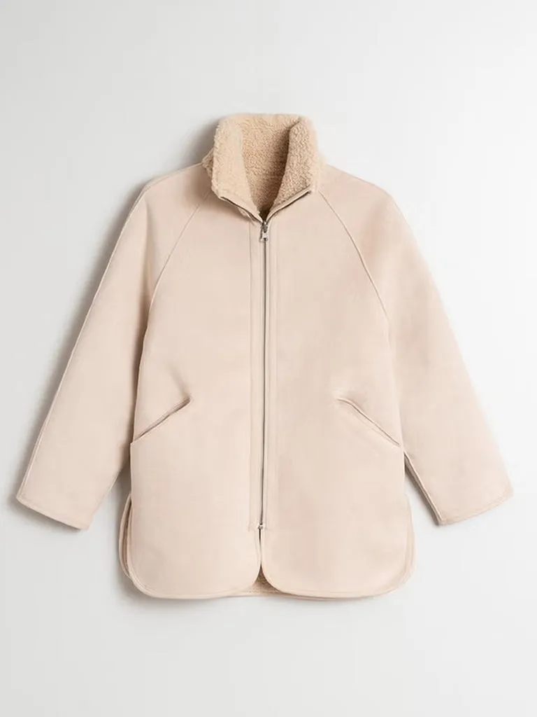 Indi & Cold Reversible Teddy Jacket in Ecru