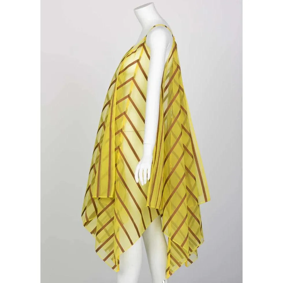 ISSEY MIYAKE Yellow Organza Brown Striped Handkerchief Dress | Small-Large