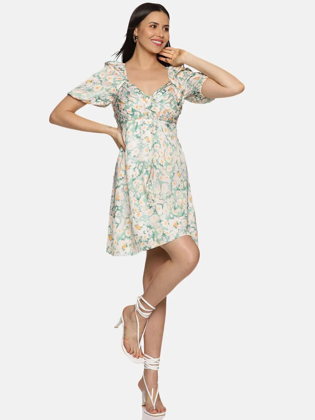 IS.U Floral Green Empire Line Mini Dress