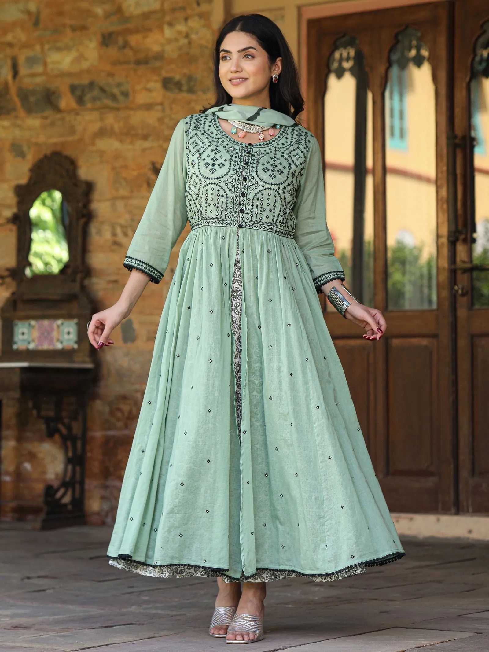 Jashvi Green & Black Cotton  Embroidered Anarkali Dress With Jacket & Tie-Dye Dupatta