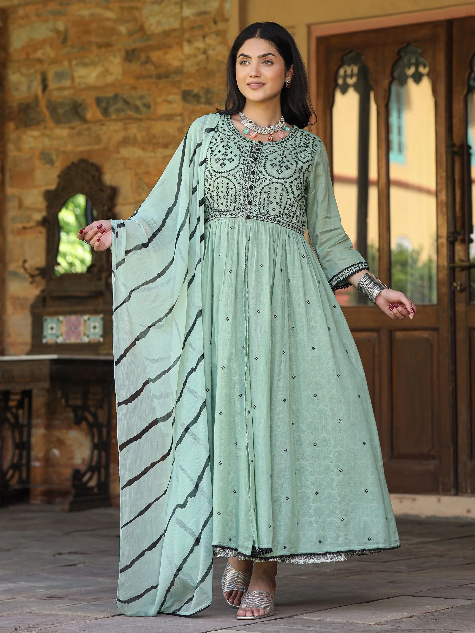 Jashvi Green & Black Cotton  Embroidered Anarkali Dress With Jacket & Tie-Dye Dupatta