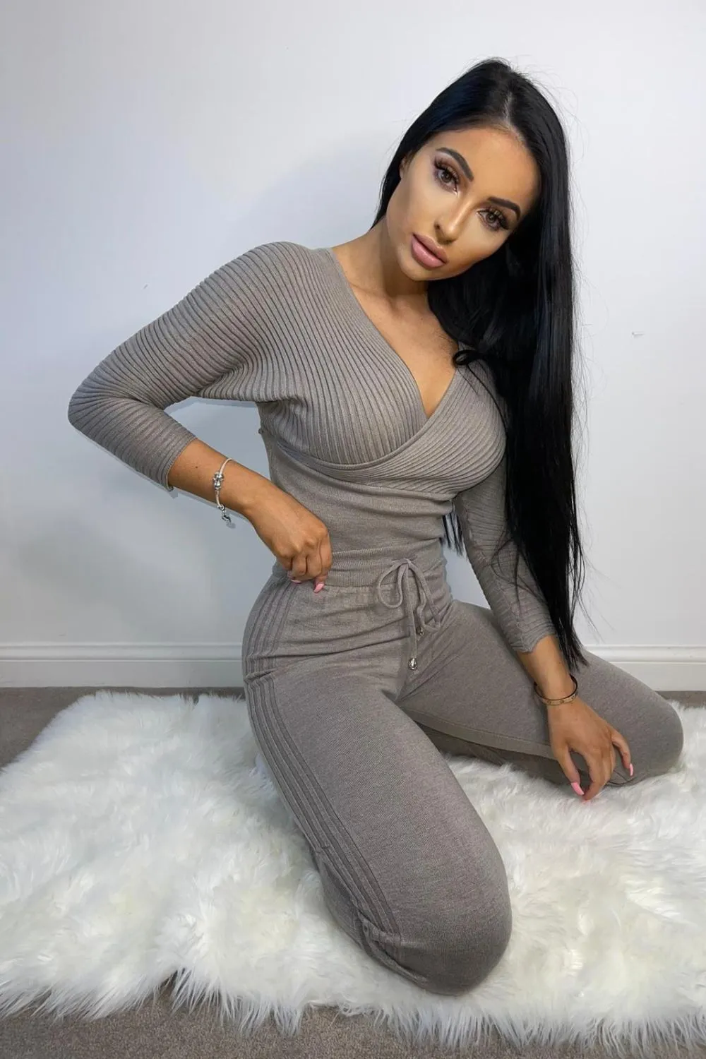 Jordyn Stone Plunge Ribbed Cropped Co-ord Lounge Set