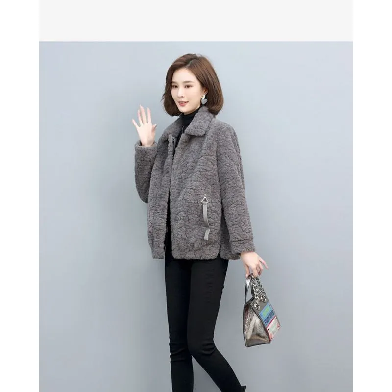 Lamb Cropped Fur-Trimmed Loose Fit Teddy Coat