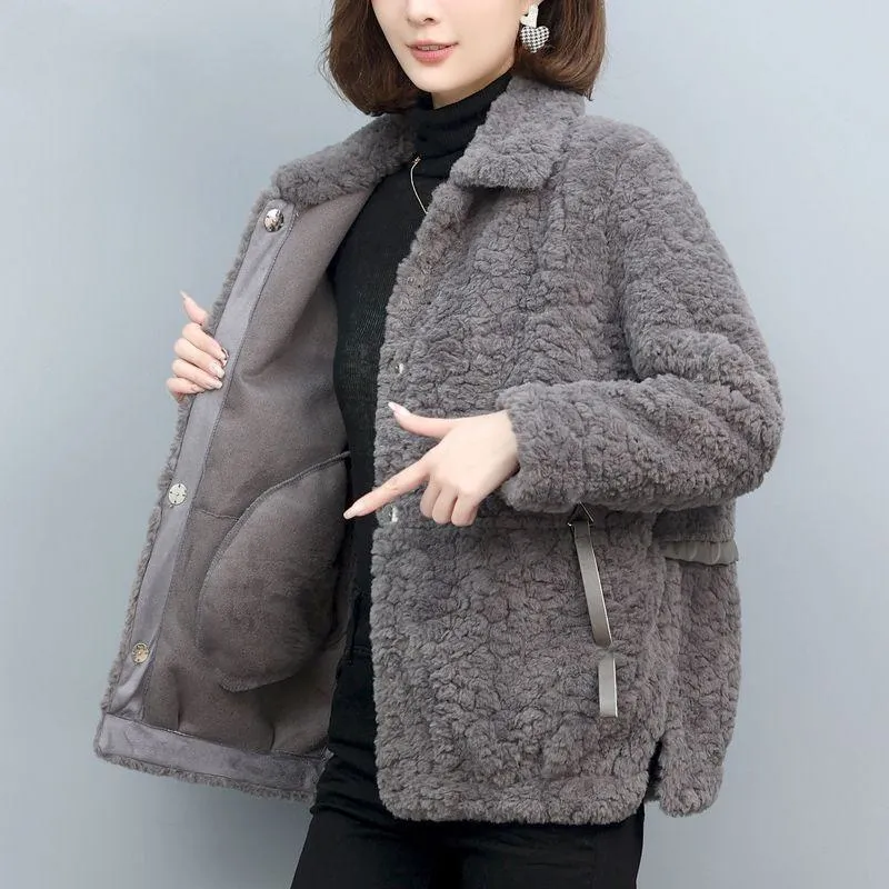 Lamb Cropped Fur-Trimmed Loose Fit Teddy Coat