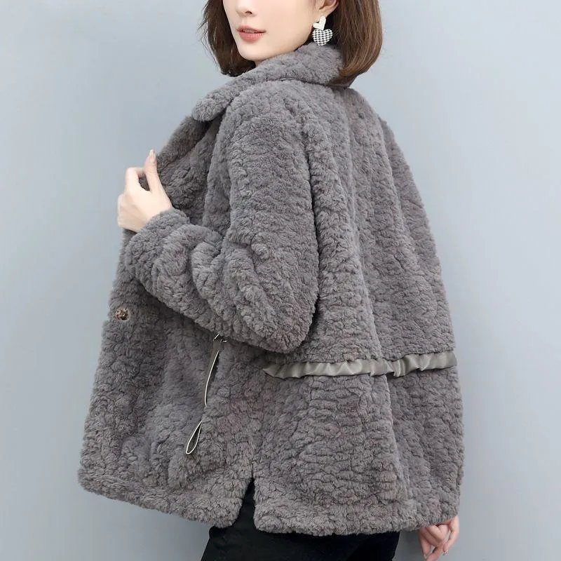 Lamb Cropped Fur-Trimmed Loose Fit Teddy Coat