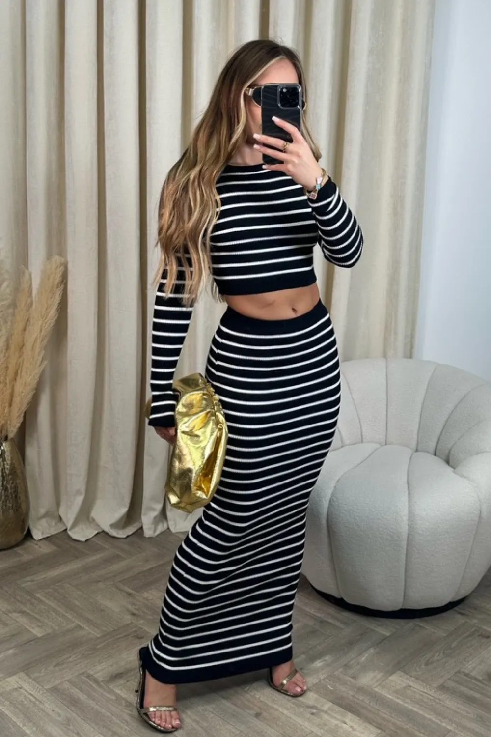 Leila black and white striped knitted crop and maxi skirt co-ord