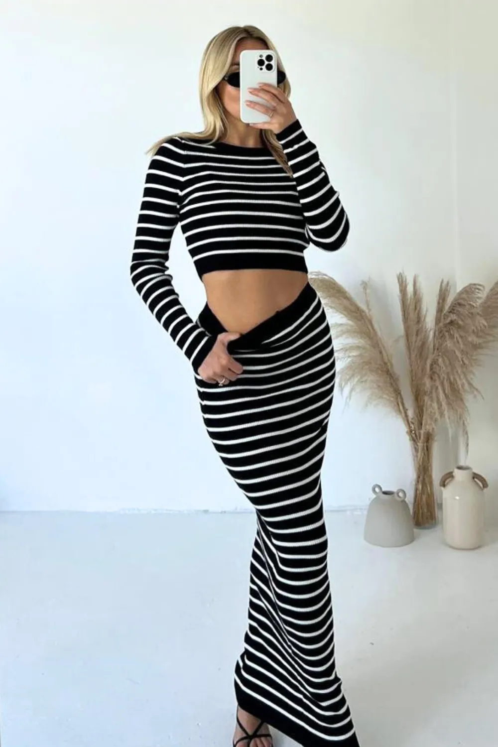 Leila black and white striped knitted crop and maxi skirt co-ord