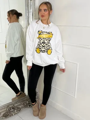 Leopard Print Teddy Oversized Sweatshirt - White