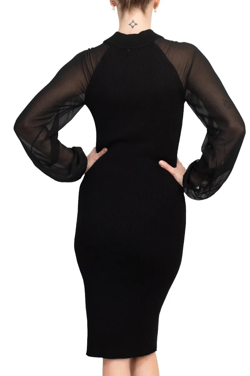 London Times crew neck chiffon long sleeve bodycon knit dress