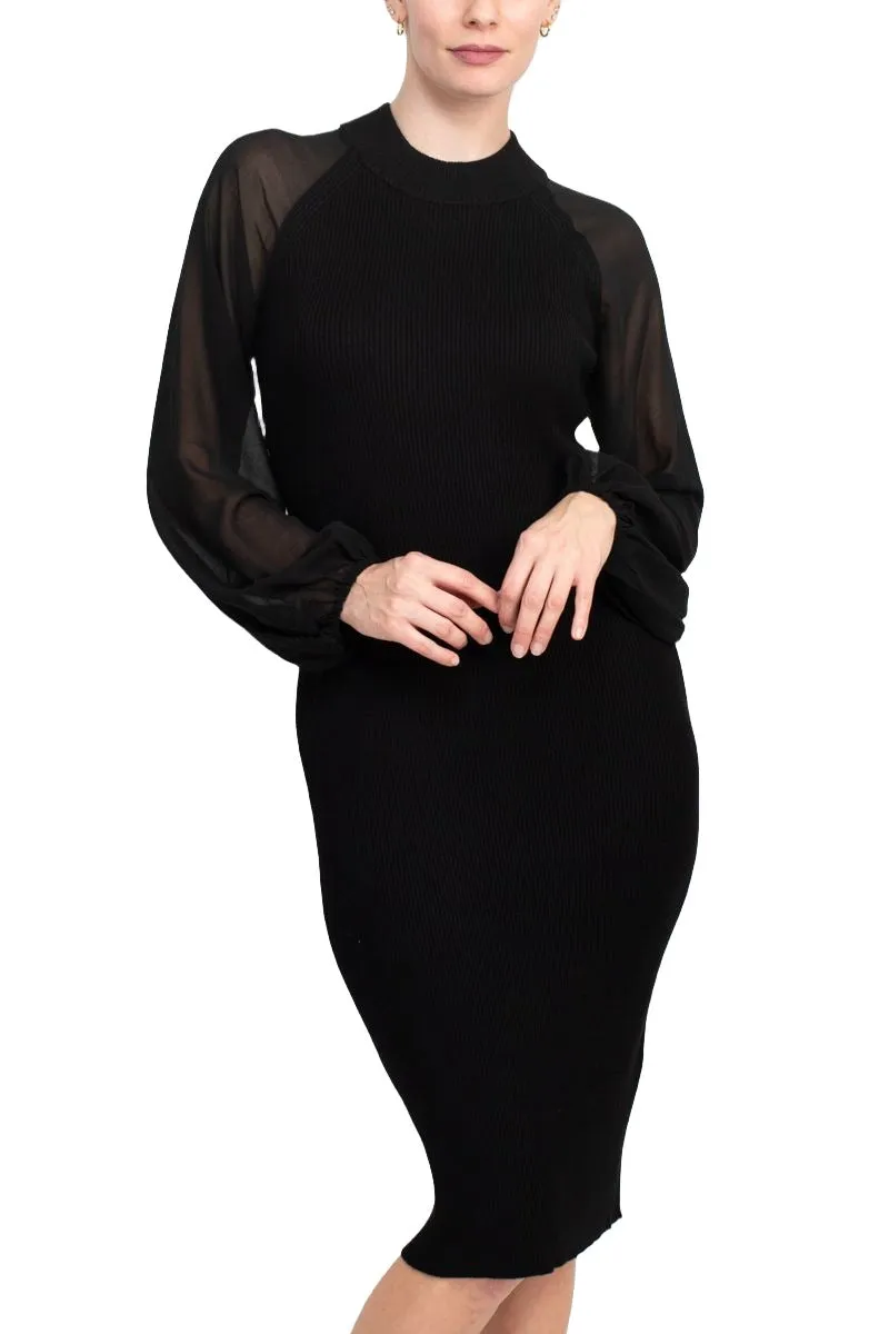 London Times crew neck chiffon long sleeve bodycon knit dress