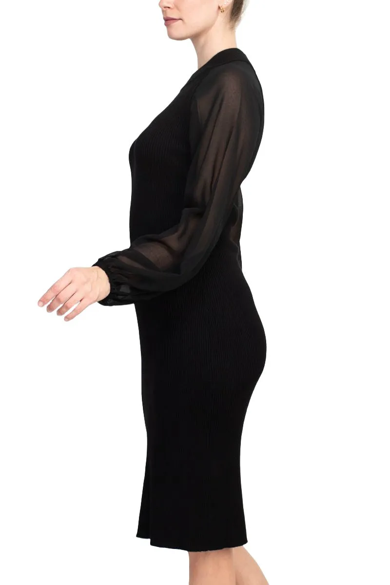 London Times crew neck chiffon long sleeve bodycon knit dress