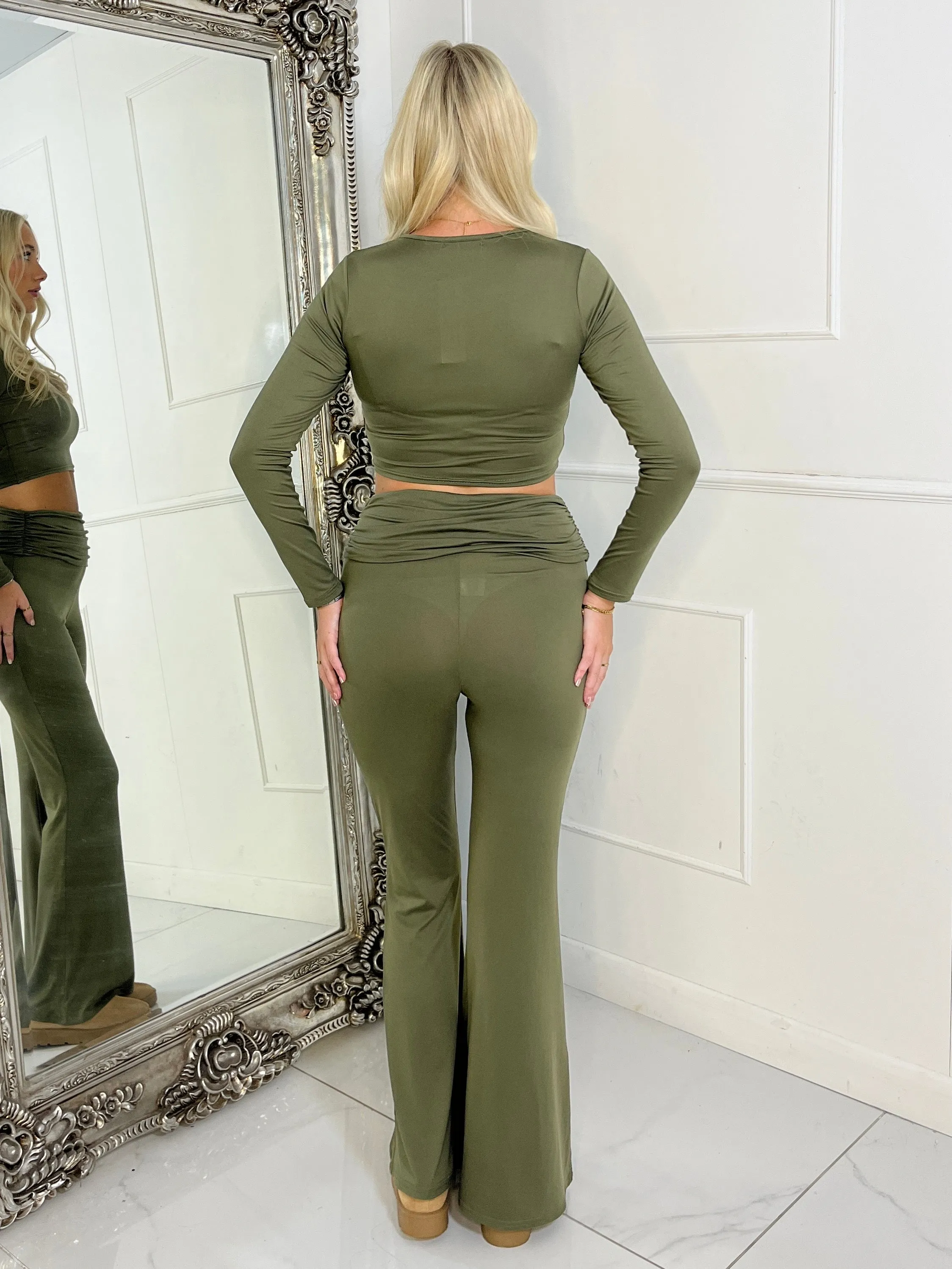 Long Sleeve Top & Fold Over Flared Co-ord - Khaki