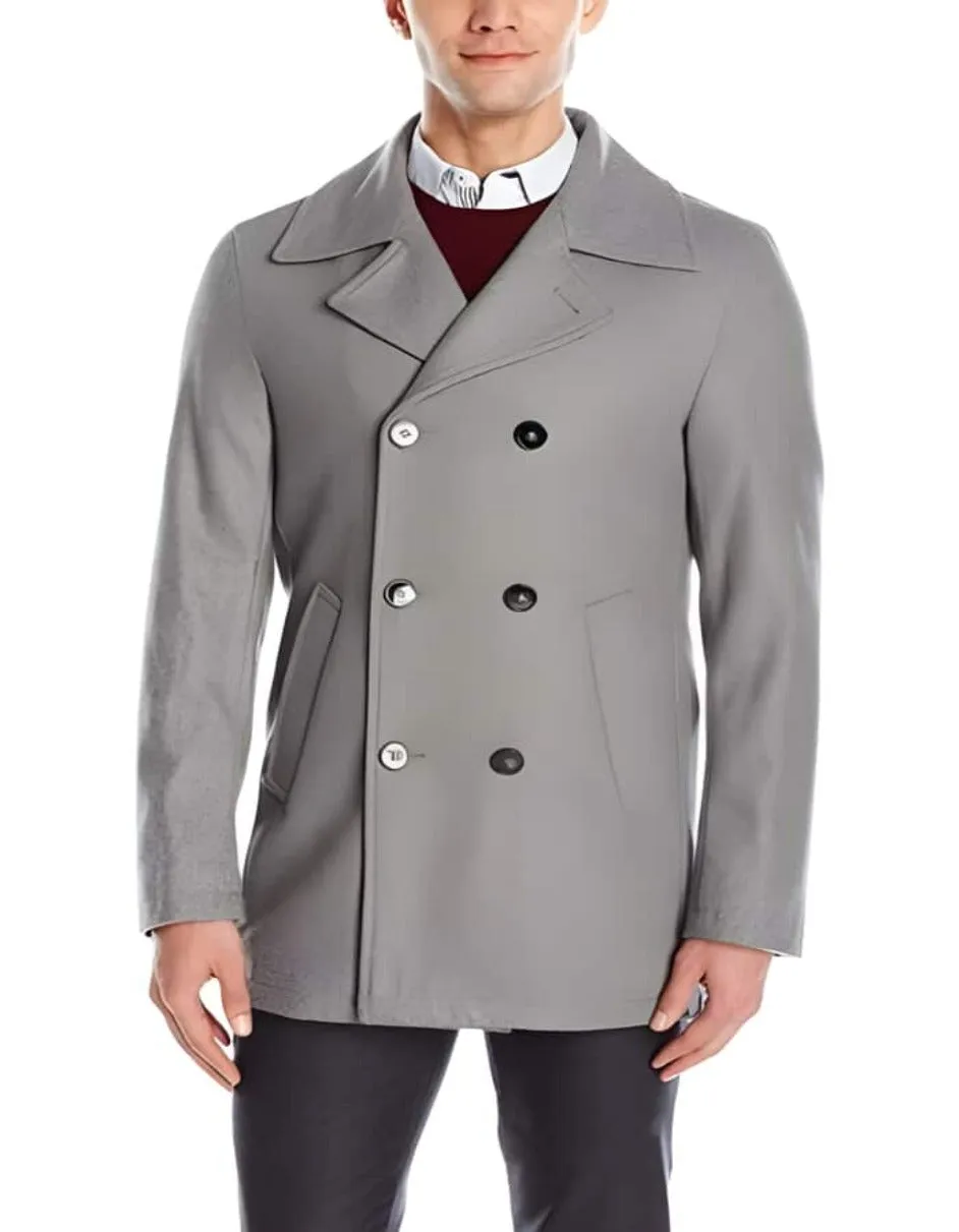 Men's Light Grey Double Breasted Wool Short Peacoat