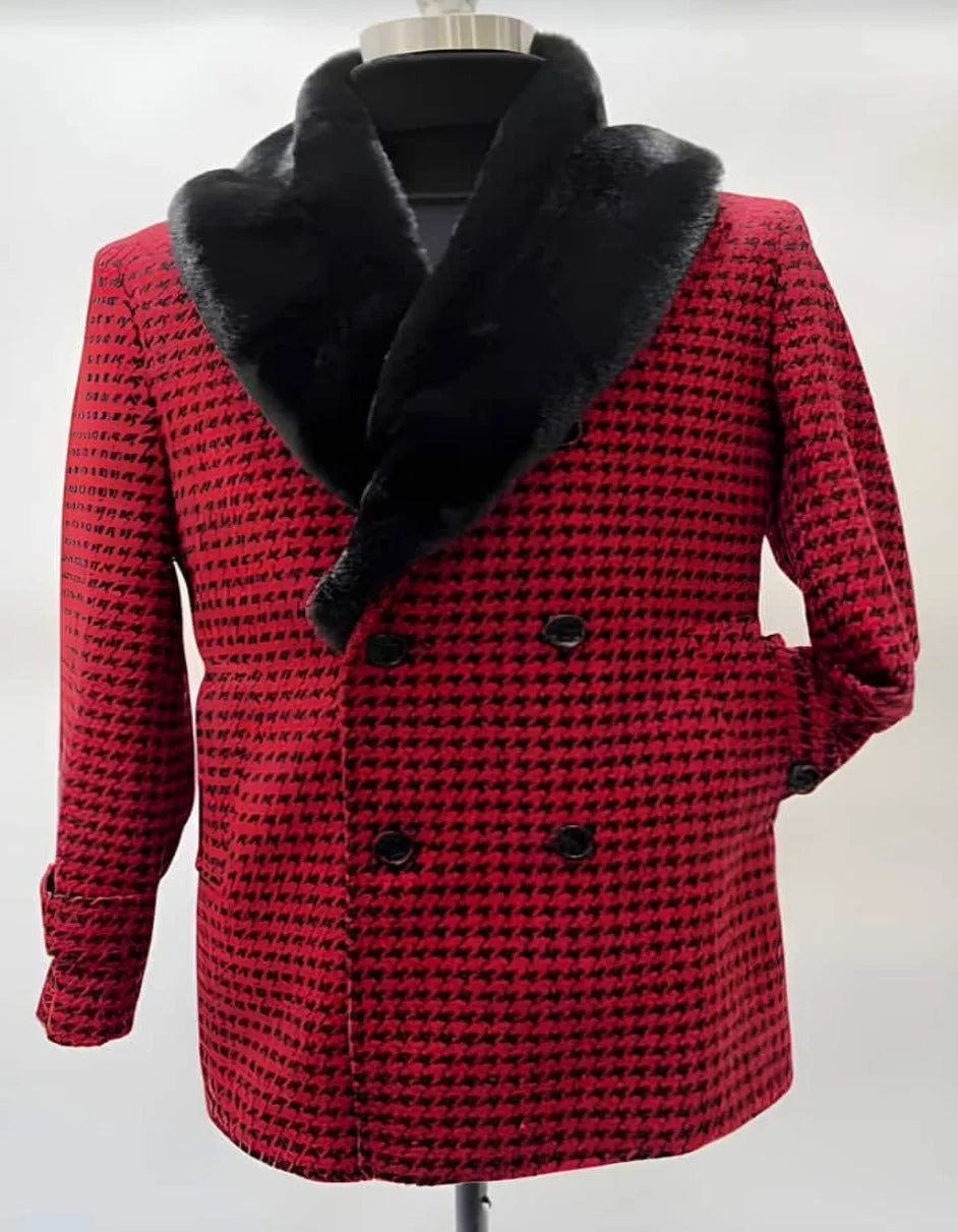 Mens Overcoat - Topcoat For Men - Winter Fabric - Mens Plaid Overcoat - Hounstooth Checker Pattern Topcoat - Red