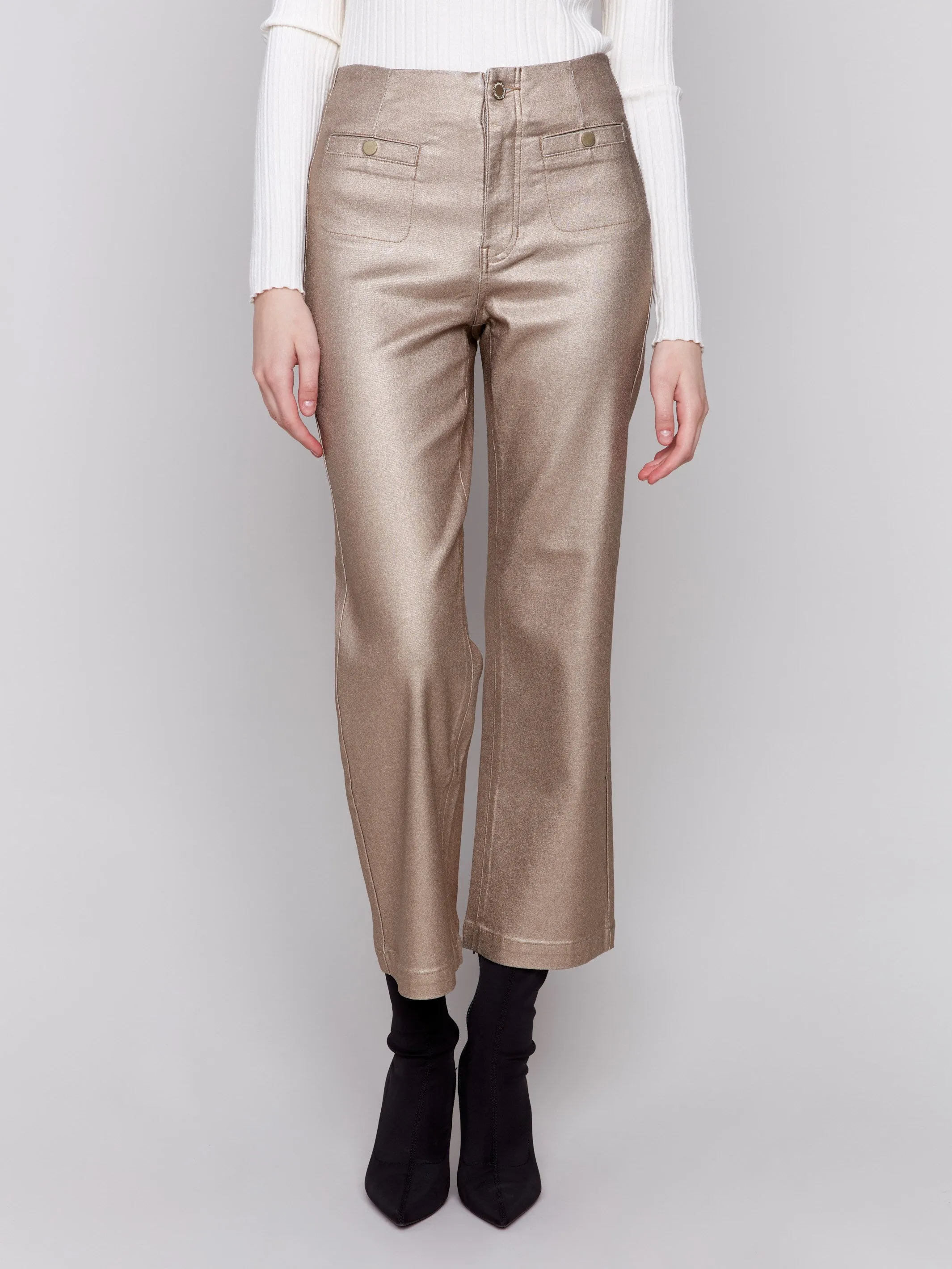 Metallic Wax Flared Pants - Bronze