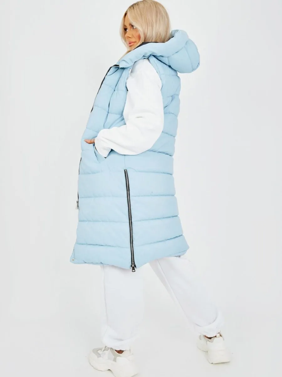 Michele Longline Hooded Puffer Gilet In Blue