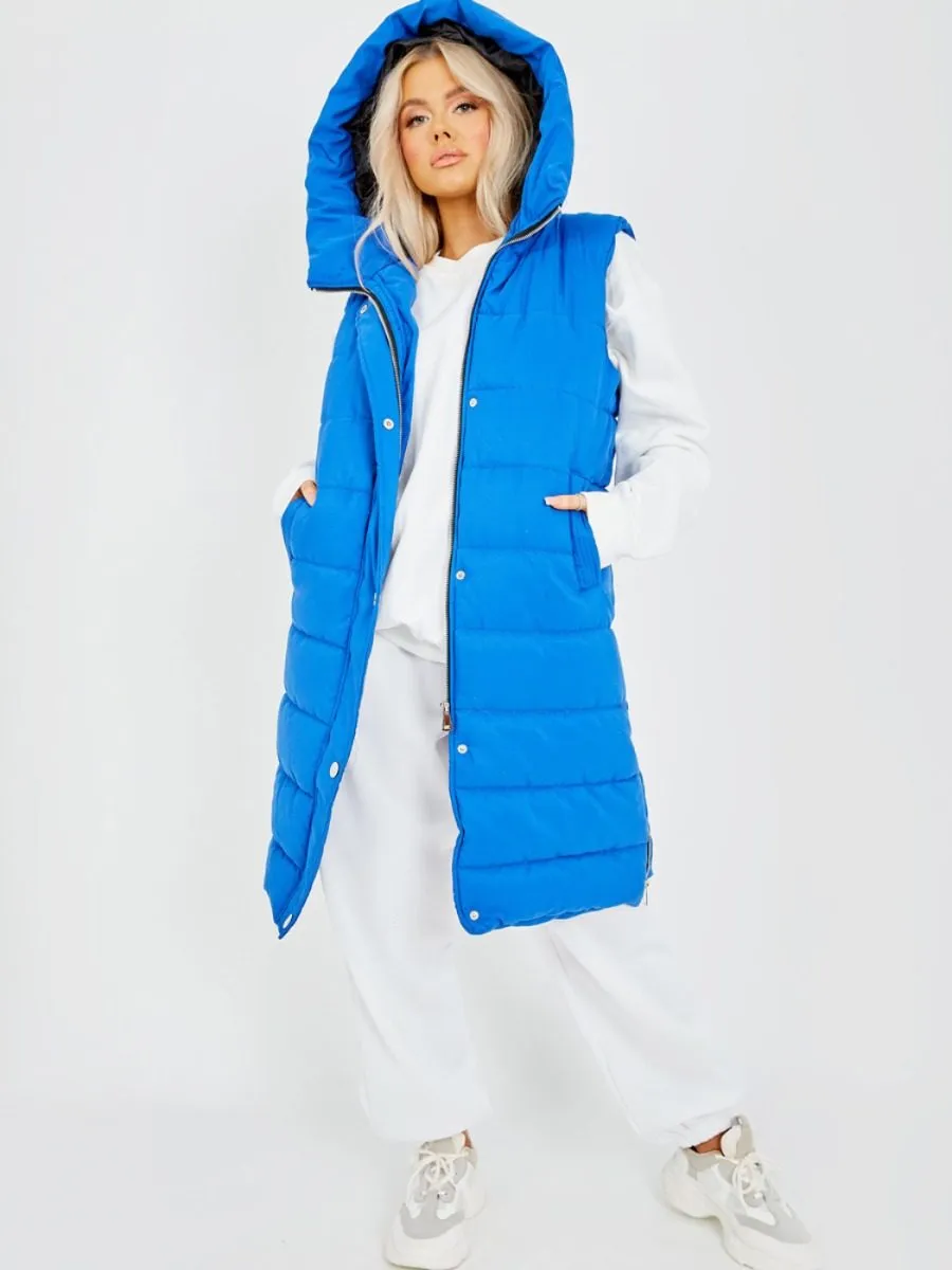 Michele Longline Hooded Puffer Gilet In Royal