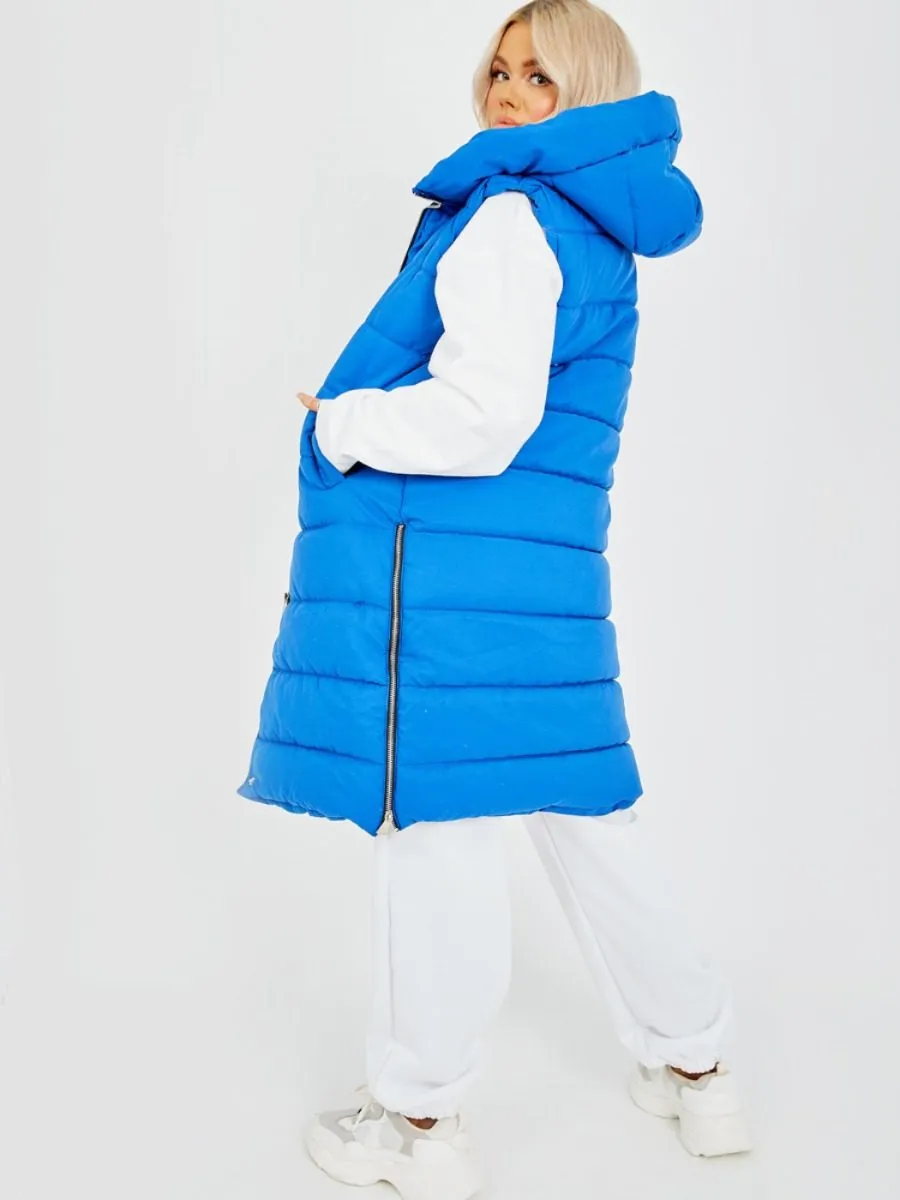 Michele Longline Hooded Puffer Gilet In Royal