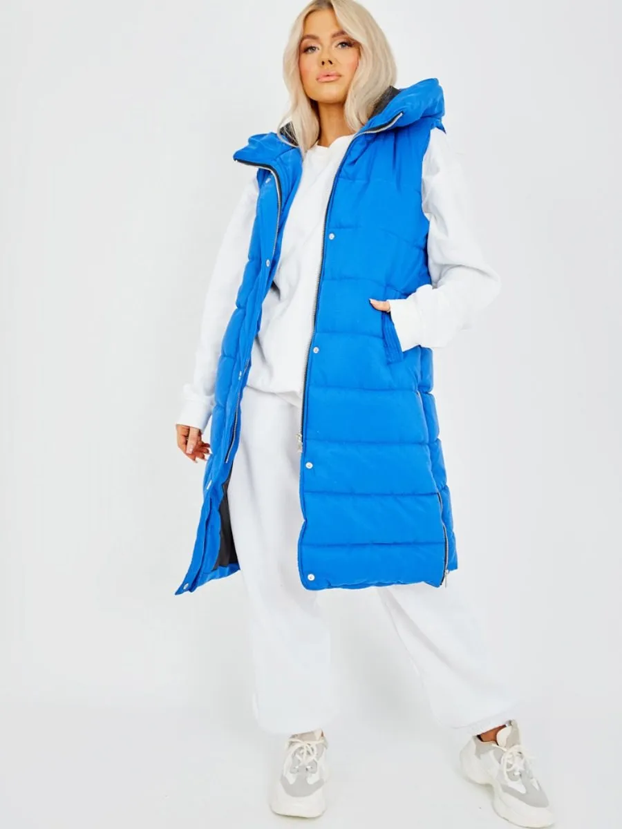 Michele Longline Hooded Puffer Gilet In Royal