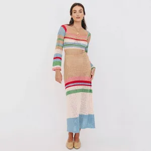 Mid-length skirt women colorful contrast color U-neck sexy hollow long-sleeved knitted dress women