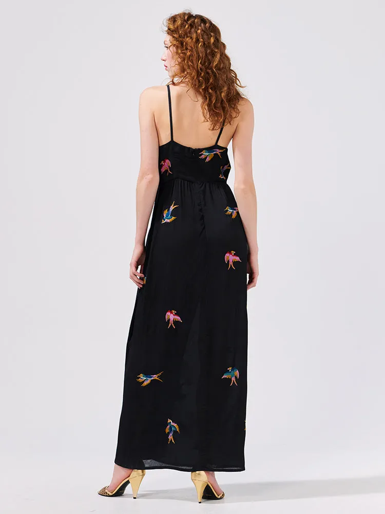 Midnight Charming Birds Embroidered Crepe Strappy Dress