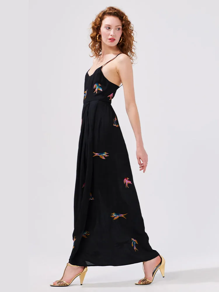 Midnight Charming Birds Embroidered Crepe Strappy Dress