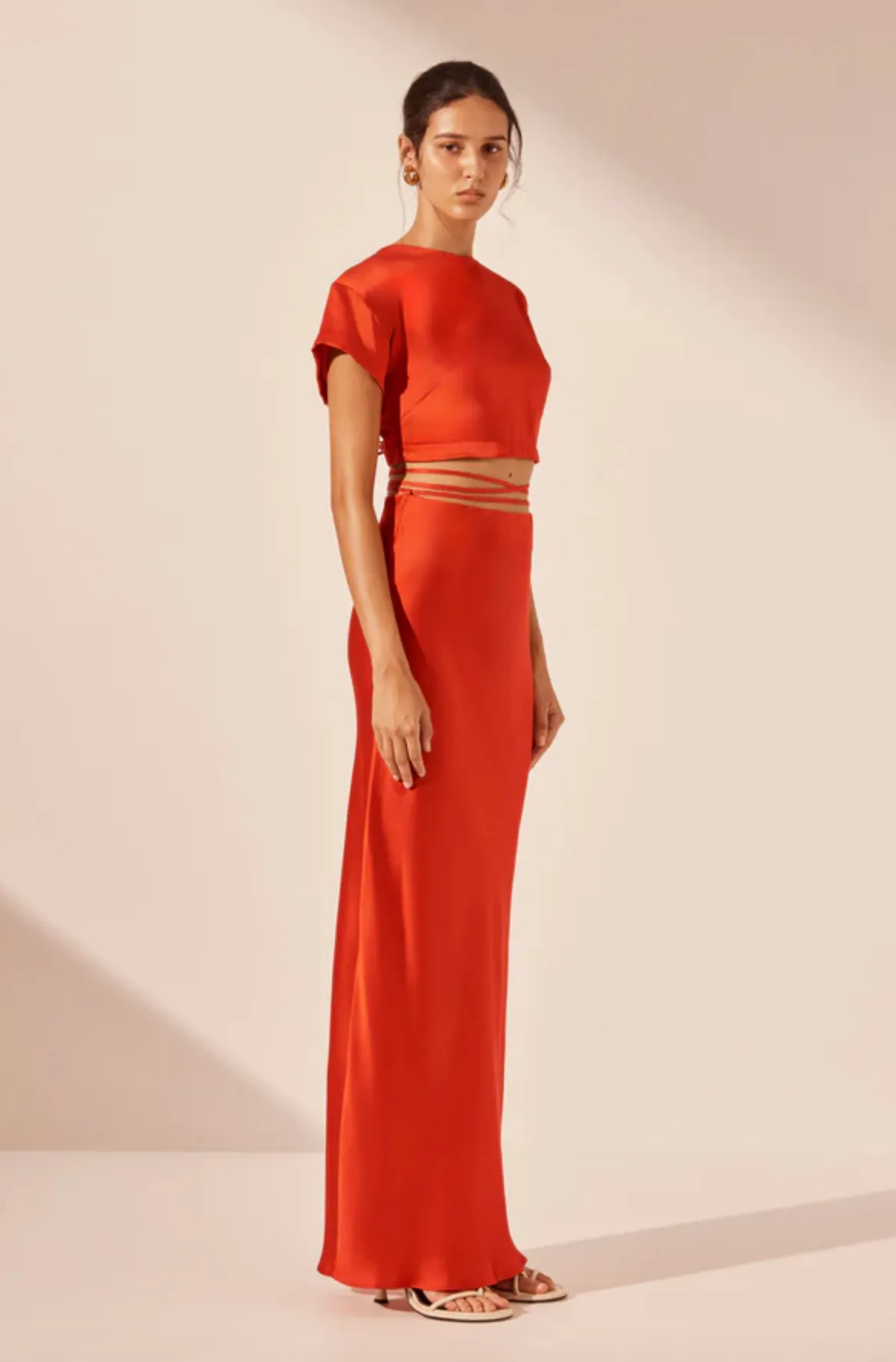 MILENNA SILK BIAS TIE MAXI SKIRT - CHILLI RED