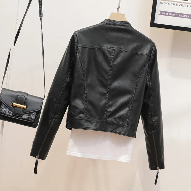 New autumn clothing new simple stand-up collar PU leather jacket women's short Korean version locomotive clothing slim leather jacket