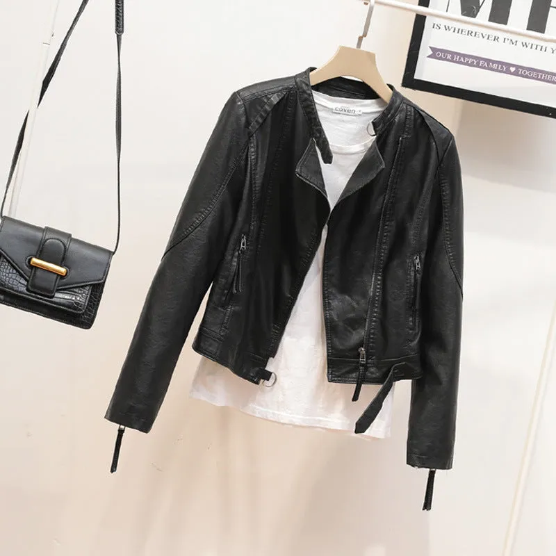 New autumn clothing new simple stand-up collar PU leather jacket women's short Korean version locomotive clothing slim leather jacket