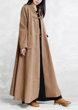 New khaki wool overcoat plus size stand collar Chinese Button long jackets outwear