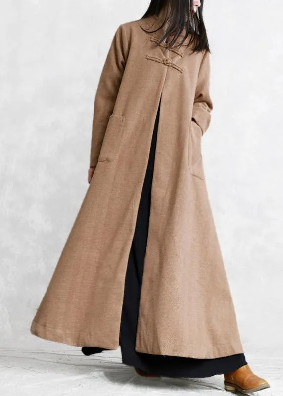 New khaki wool overcoat plus size stand collar Chinese Button long jackets outwear