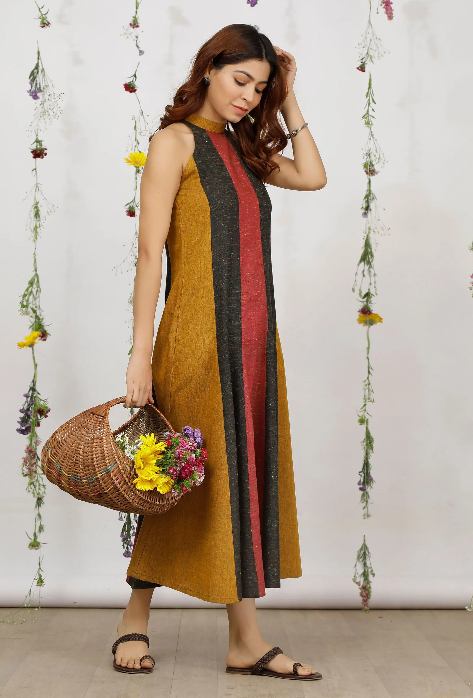 Olive Khadi Cotton Flared Halter Neck Sleeveless Dress