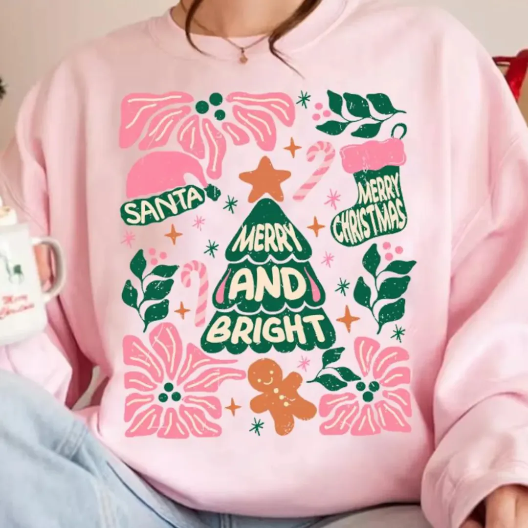 Online Exclusive | Christmas Tree Hand Drawn Merry & Bright Graphic Sweatshirt in Pink