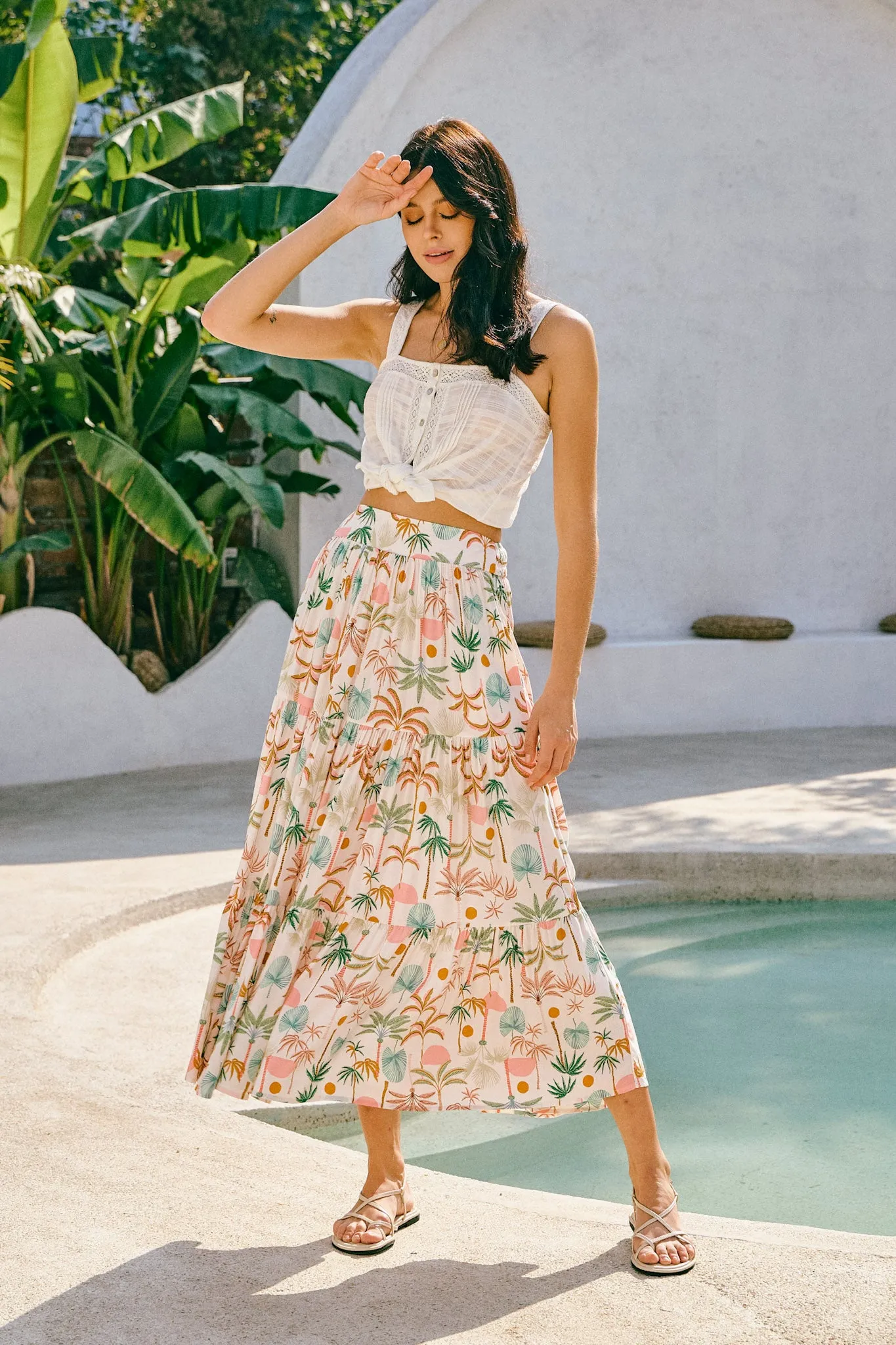 Paloma Brown Green Tropical Tiered Maxi Skirt