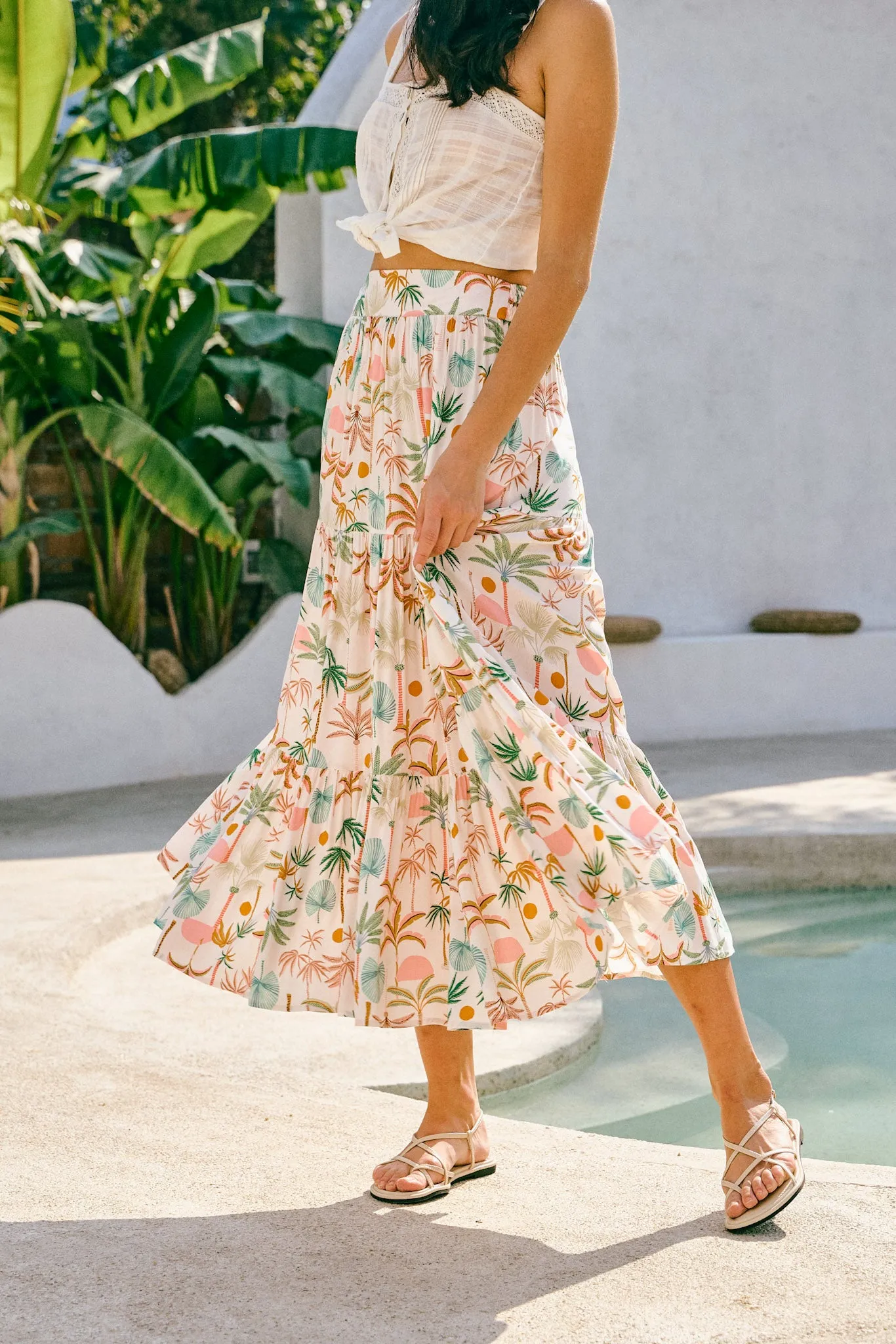 Paloma Brown Green Tropical Tiered Maxi Skirt