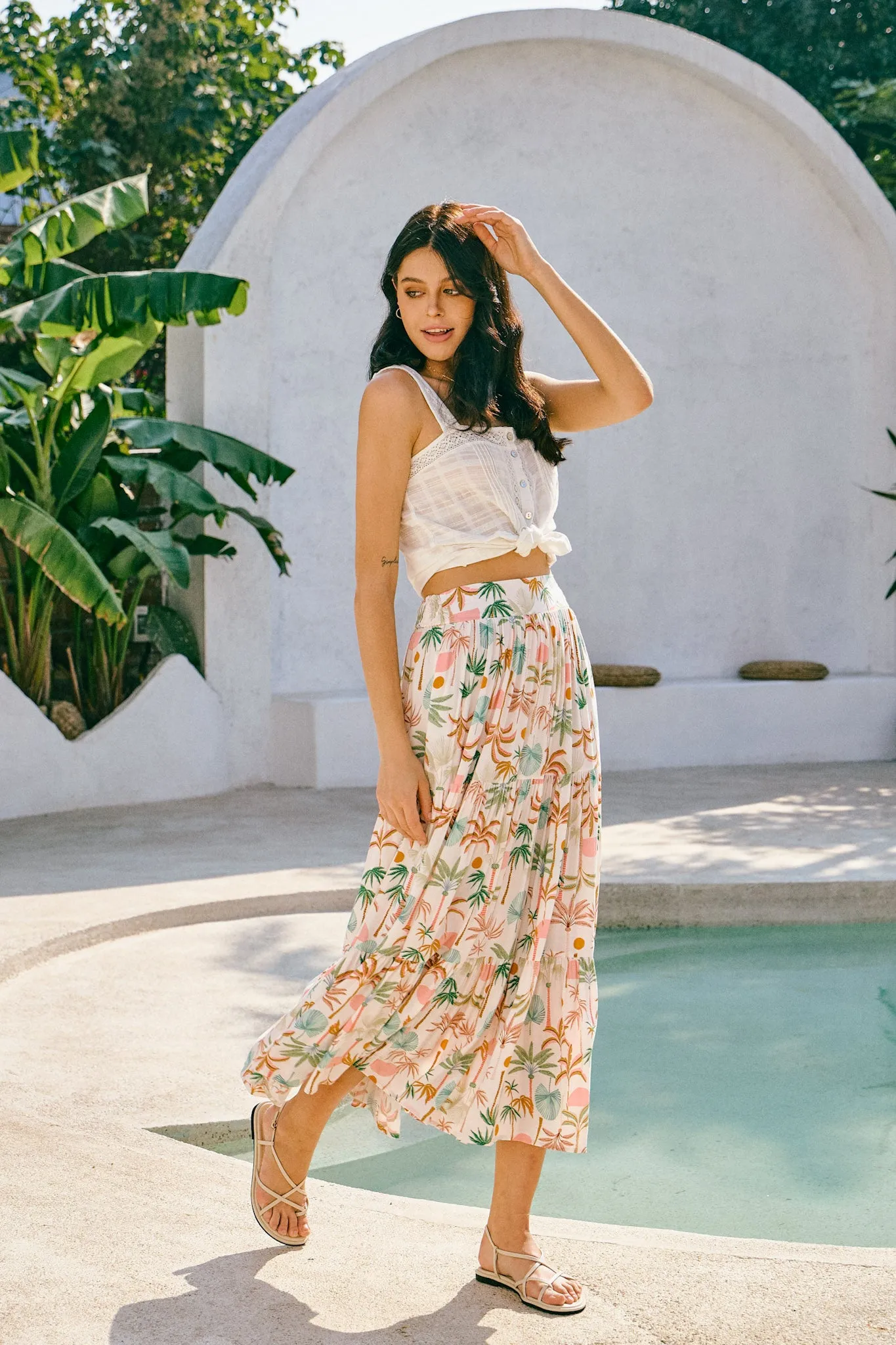 Paloma Brown Green Tropical Tiered Maxi Skirt