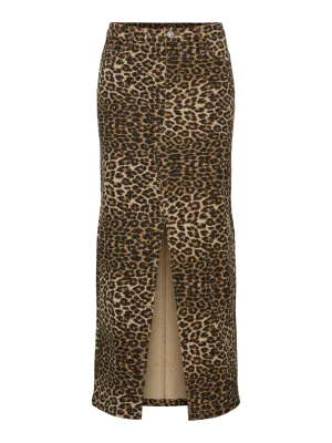 Pieces - Leopard Print Denim Skirt with Front Slit