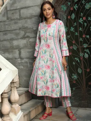 Pink Floral Print Flared Kurta With Pants