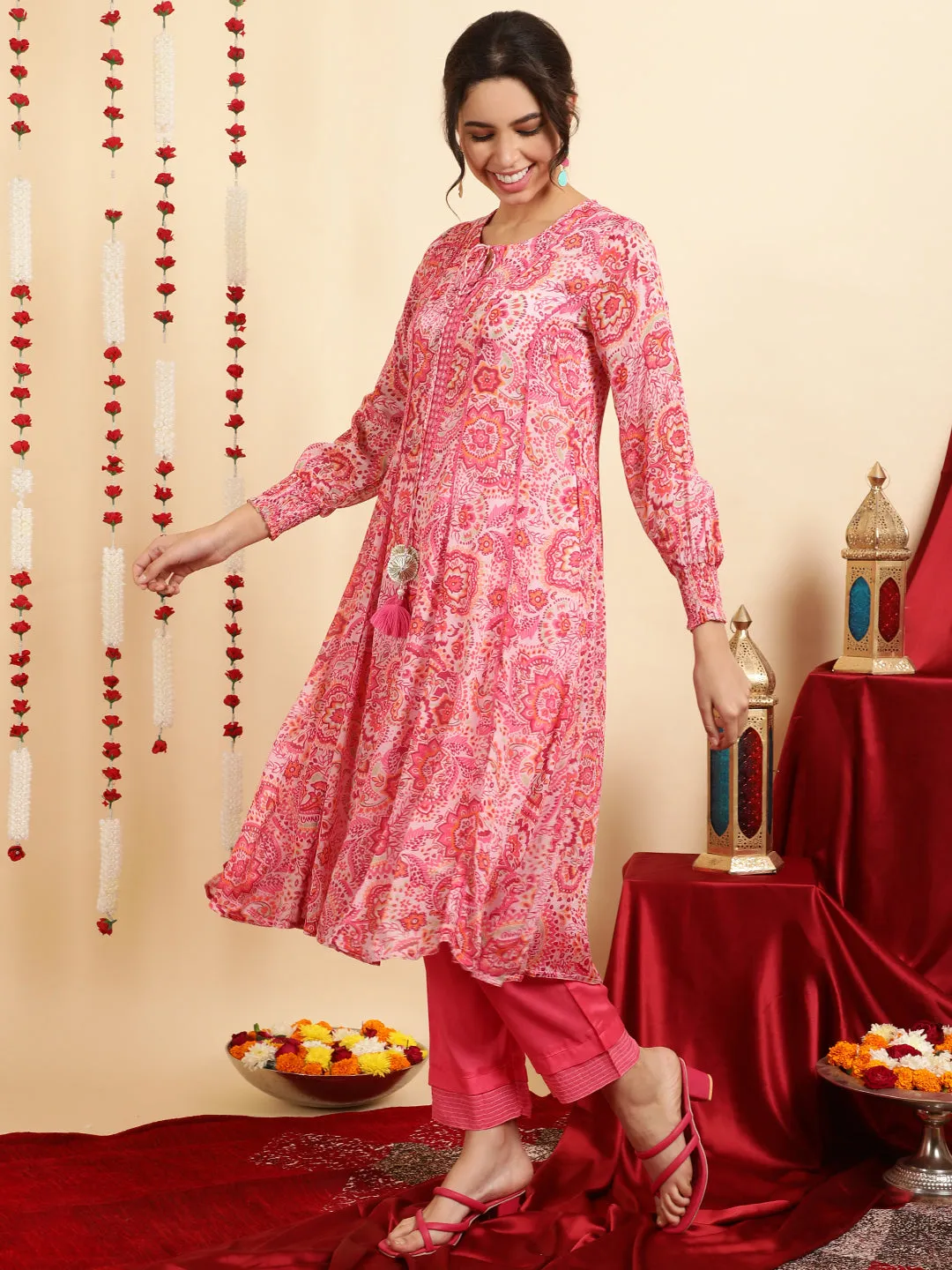 Pink Floral Printed Mirror Work Anarkali Kurta With Pants And Dupatta