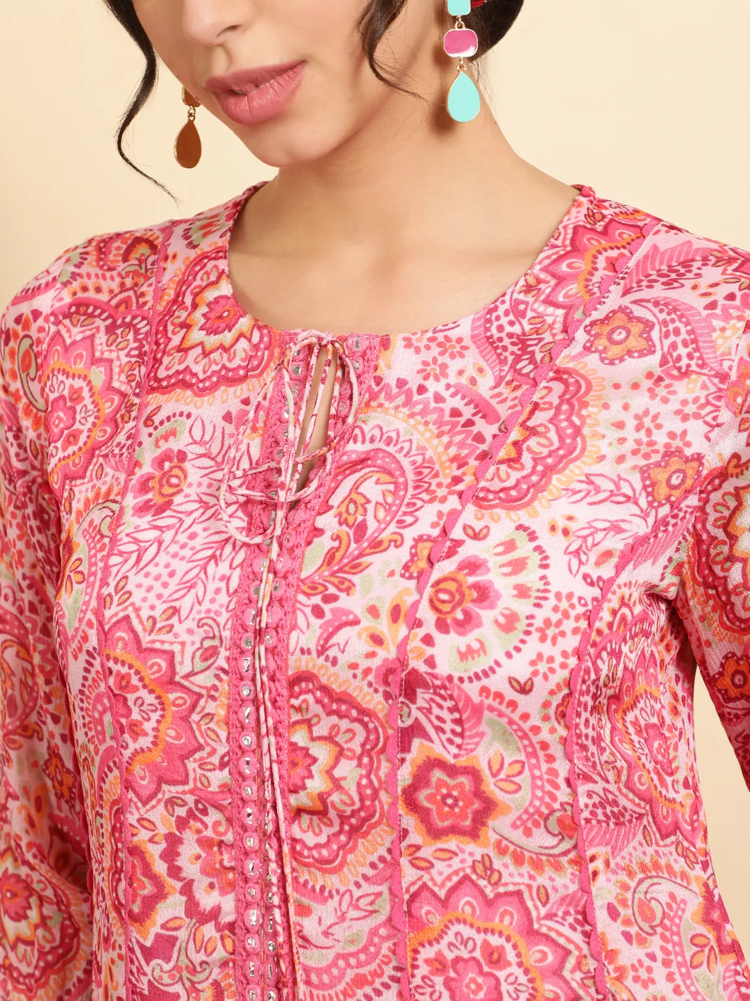 Pink Floral Printed Mirror Work Anarkali Kurta With Pants And Dupatta