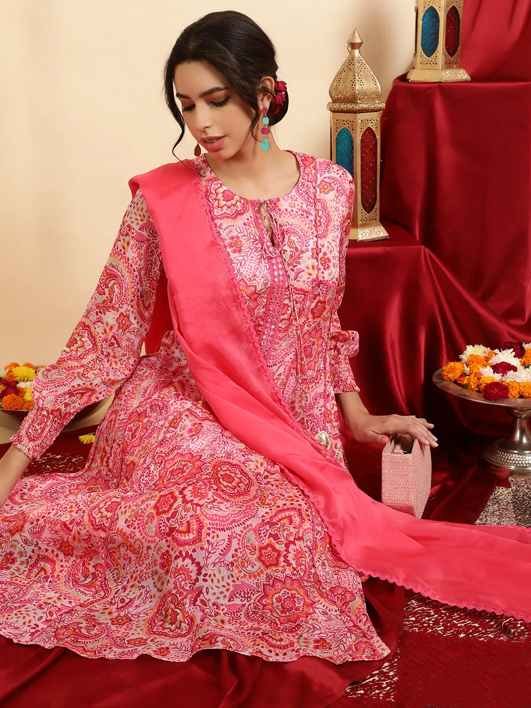 Pink Floral Printed Mirror Work Anarkali Kurta With Pants And Dupatta